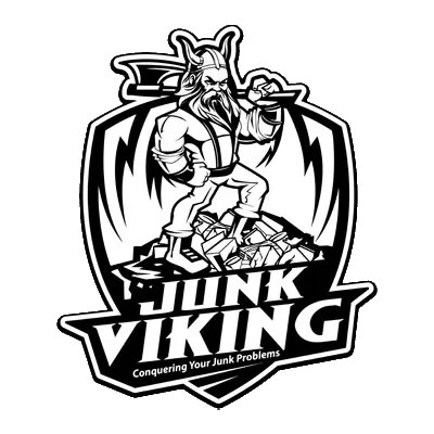 A logo of Junk Viking featured stylized image of a Viking warrior standing atop a pile of discarded items
