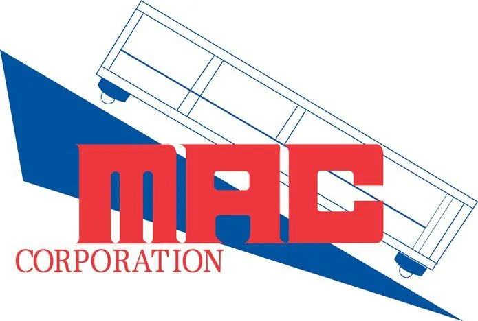 A logo of MAC CORPORATION, featuring red text, blue triangle, and a white outline of a dumpster