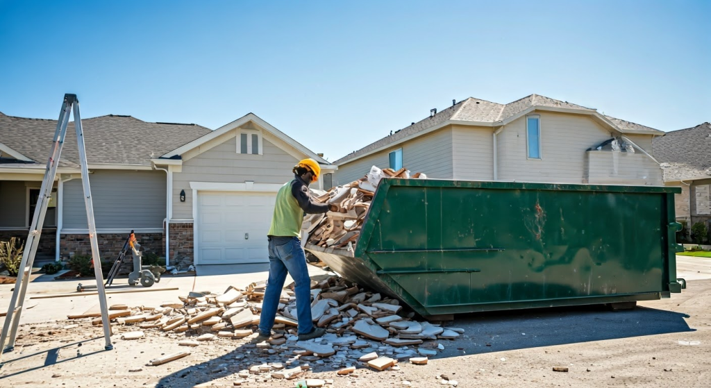A construction worker throwing debris into a large green dumpster in a residential area