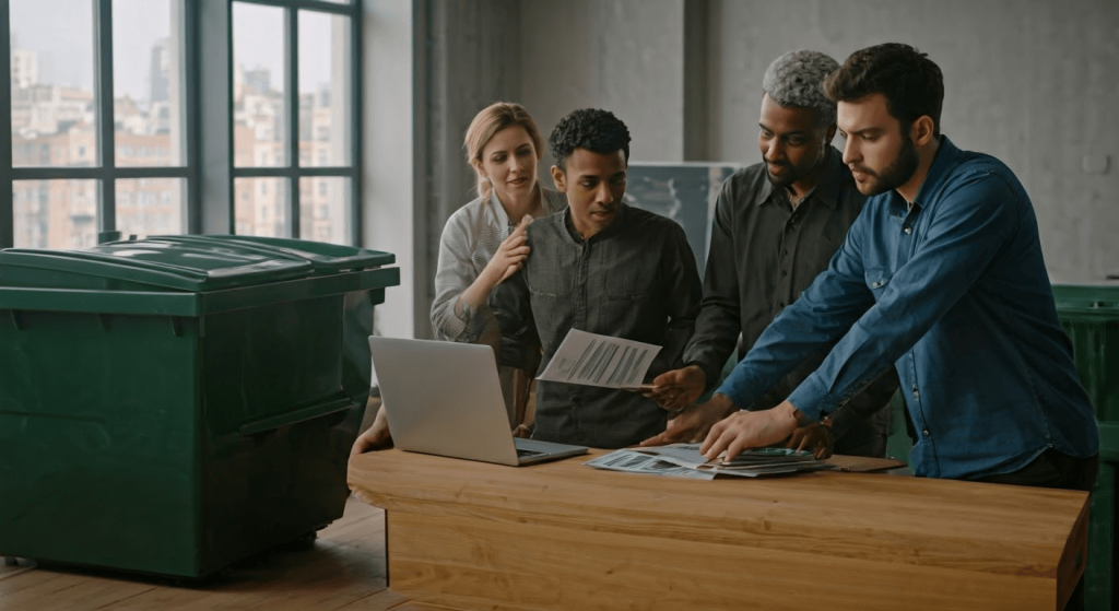 Group discussing dumpster rental options